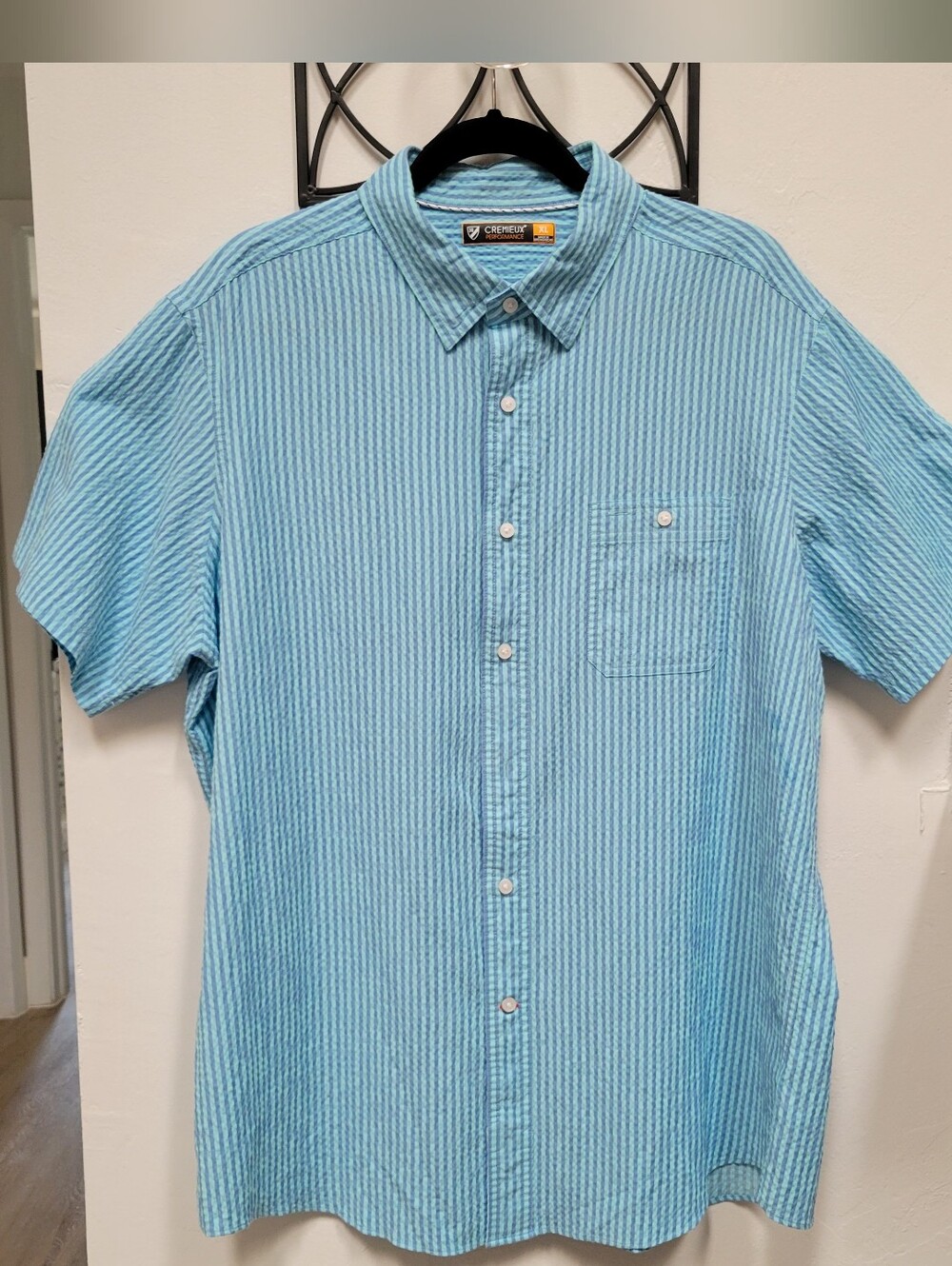 Cremieux Performance Blue Mens short-sleeve Striped Seersucker Shirt Size XL